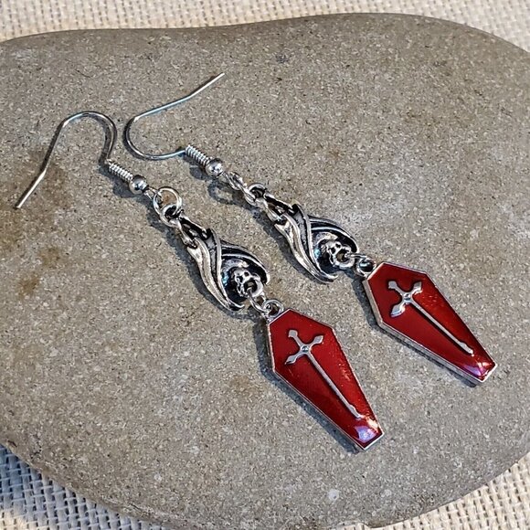 Blood Red Vampire Coffin Hanging Bat Silver Cross Goth Enamel Chain Earrings - Picture 1 of 8